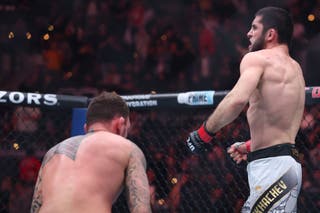 Makhachev celebrates beating Renato Moicano, who stepped in for the injured Arman Tsarukyan on one day’s notice
